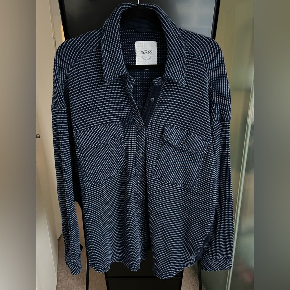 Aerie Navy Waffle Knit Button Up Shirt